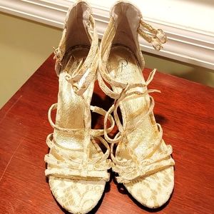 Adrianna Papell gold and lace strappy heel